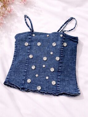 Blue Denim Crystal-Embellished Women's Cami Top